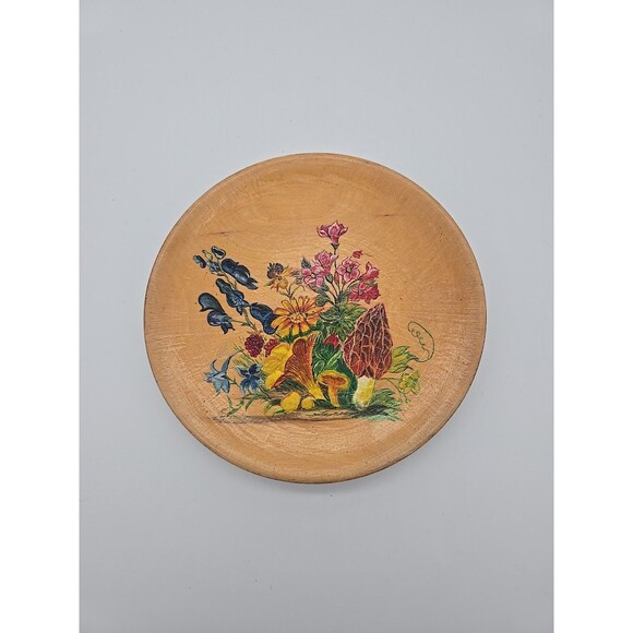 Vintage Romanian Hand Painted Maple Wood Plate Florals & Morel Mushroom - Picture 1 of 6